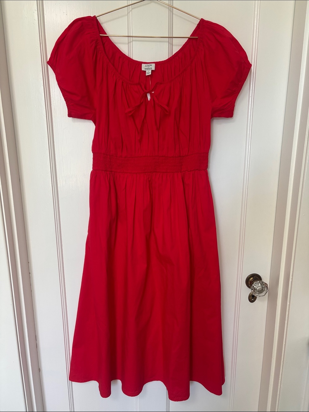 J. Crew Bright Red Midi Dress with Tie Neck